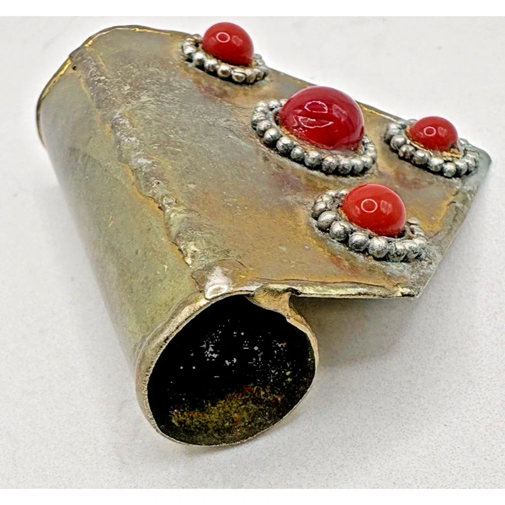 Large Antique Yemeni Brass Coral Hand Made Pendant Judaica Folk Tribal Gypsy Art